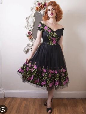 The Pretty Dress Compan Black Tulle Dres with Pink Floral Embroidery